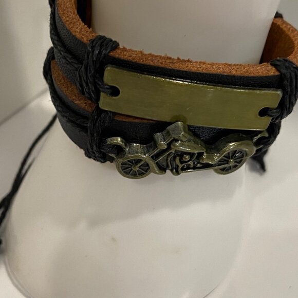 Motorcycle genuine Leather Bracelets set of 2  With Adjustable Cord bikerco - Picture 3 of 13